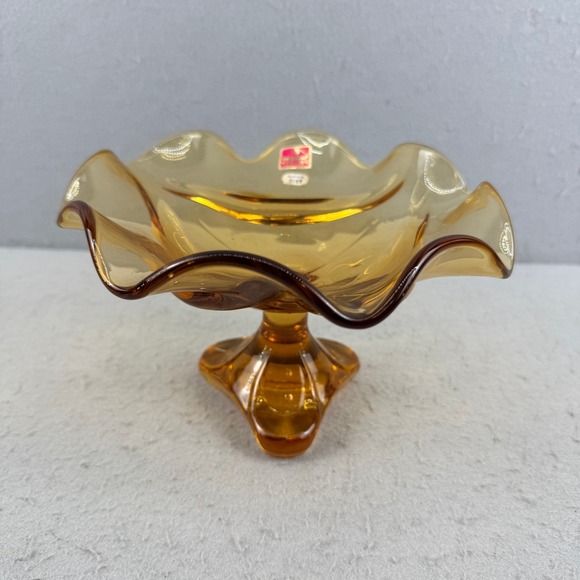 Viking Glass Other - Viking Glass 7107 Amber Ruffled Hand Made Three Footed Compote Bowl MCM